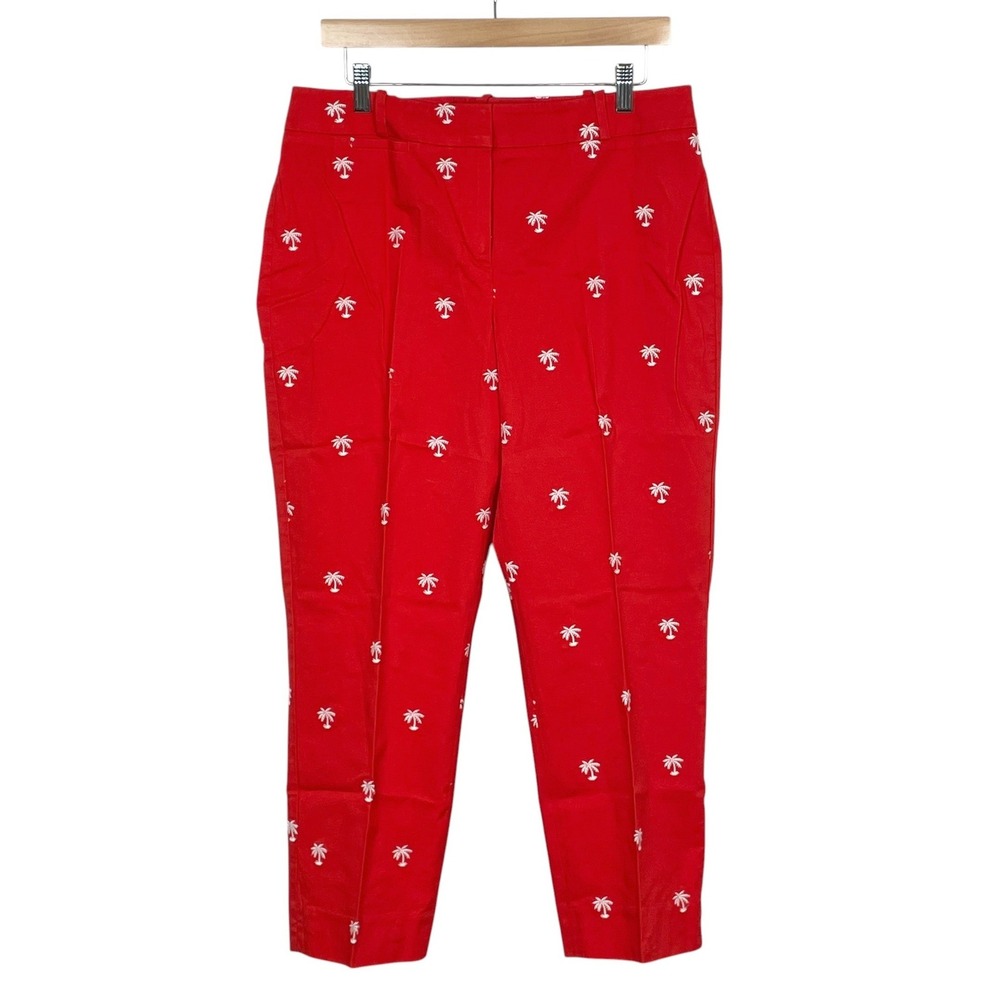 Talbots Womens Curvy Fit Embroidered Palm Tree Crop Pants 10 Red Tropical Preppy